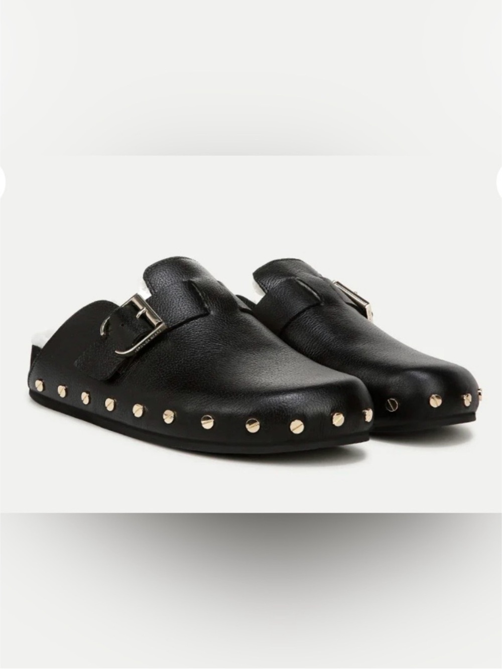 NWOB Veronica Beard Fern Shearling Clogs Black Leather Gold Studded Women’s 12M